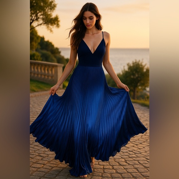 Aqua Formal NWT Pleated Shimmer Dress Long Navy Ombré 10 Maxi Gown Wedding Guest - Picture 9 of 14